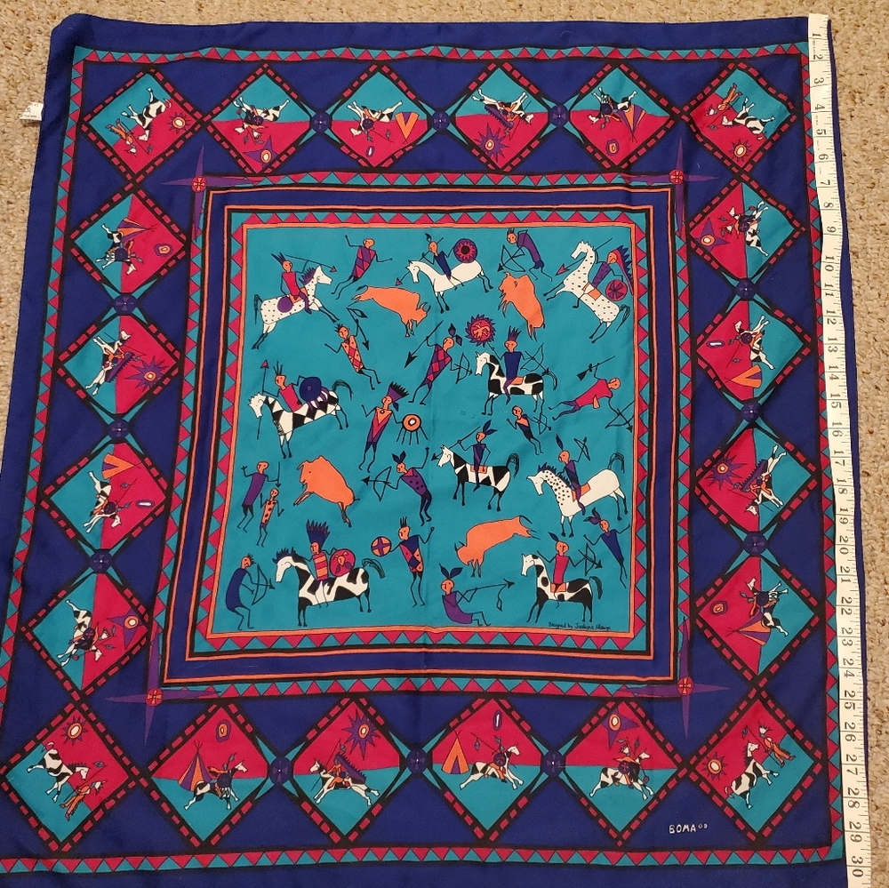 Vintage Jocelyne Mange Boma Scarf Square Native Scenes/Horses Made in Italy
